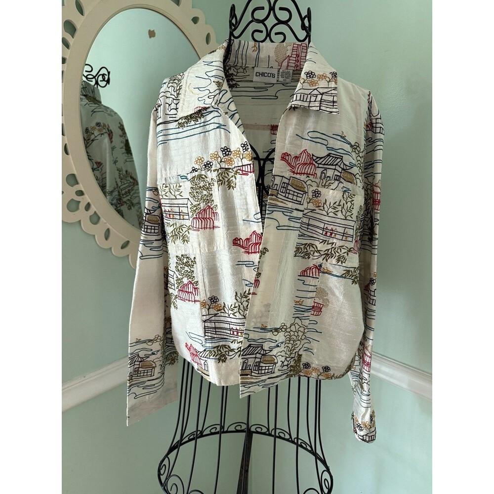Chicos 1 Asian Mandarin silk White blazer jacket Temple Japan Art To Wear